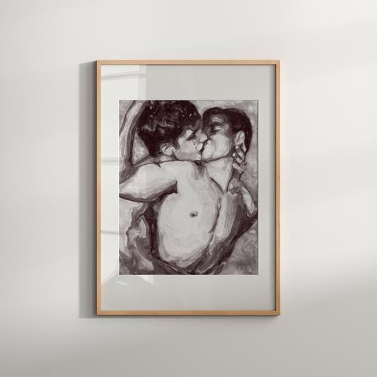 Gay Couple Kissing Watercolor Art Print | Same Sex Couple Gift | Same Sex Marriage | black & white | Engagement Party Gift | Gay Art Print