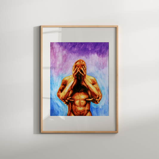 Watercolor of a muscular nude man holding his head in distress while another man gently hugs him from behind, with a blue and purple background.