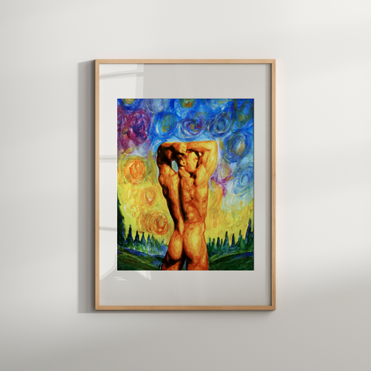 Colorful LGBTQ+ art print of two nude men intertwined into one body, with arrows from both right and left sides, created in Zak Pop Art style.