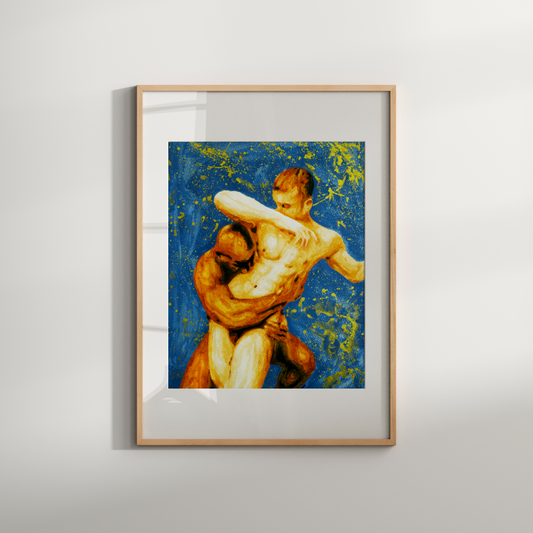 Framed artwork of two muscular figures on a blue background