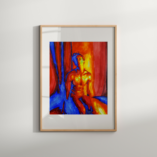 Watercolor painting of a beautiful nude man kneeling, depicted with a harmonious blend of warm amber and cool blue tones, expressing queer grace, strength, and vulnerability. Original Zak Pop Art