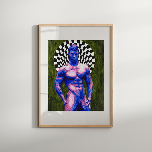 Framed artwork of a muscular figure with a checkered halo on a white wall