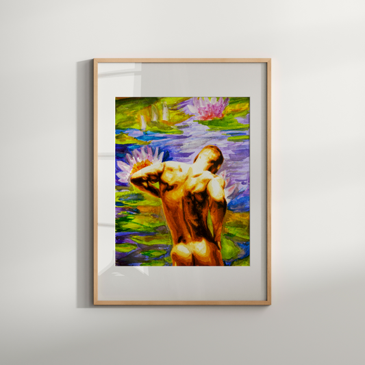 Framed artwork of a nude figure among water lilies on a white wall