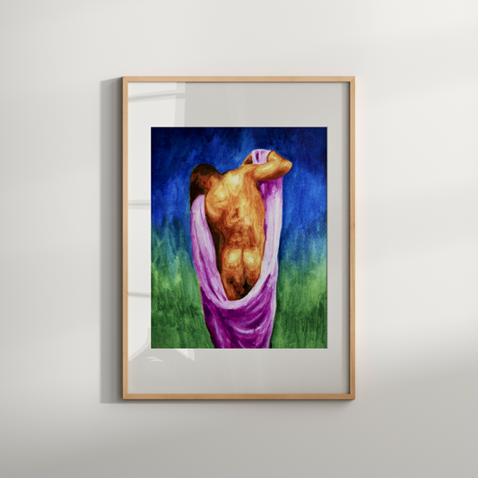Framed artwork of a person wrapped in a pink cloth against a grassy background