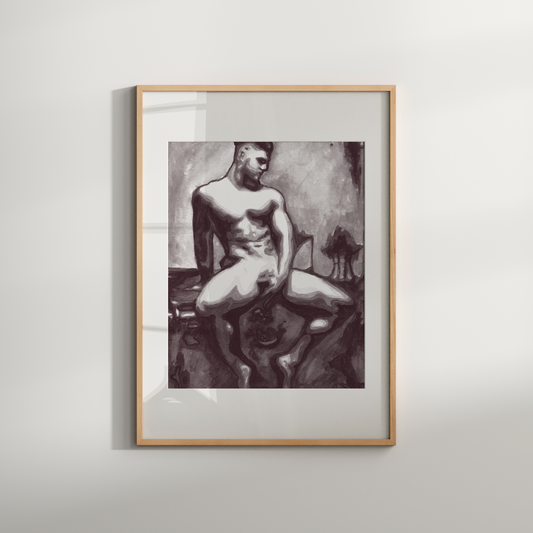 Framed black and white artwork of a nude figure on a plain wall