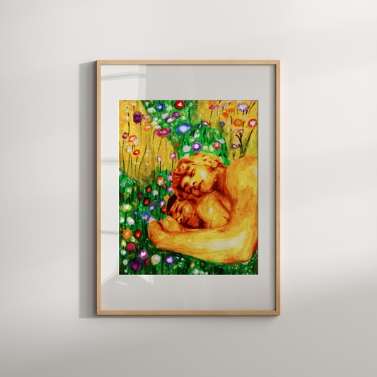Watercolor of two nude men lying in a flower-filled field, holding each other, painted in a Klimt-inspired golden style.