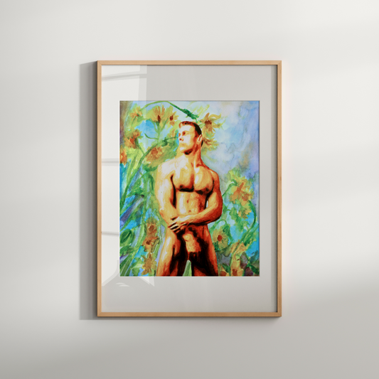 Muscular nude male looking sideways with sunflowers and dreamy sky background in soft watercolor, by Zak Pop Art.