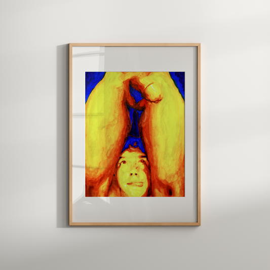 Playful gay erotic watercolor painting of a semi-nude man looking upward with a teasing tongue-out expression, showcasing queer sensuality