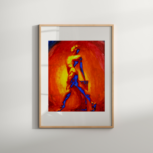Framed abstract painting with warm colors on a light gray wall
