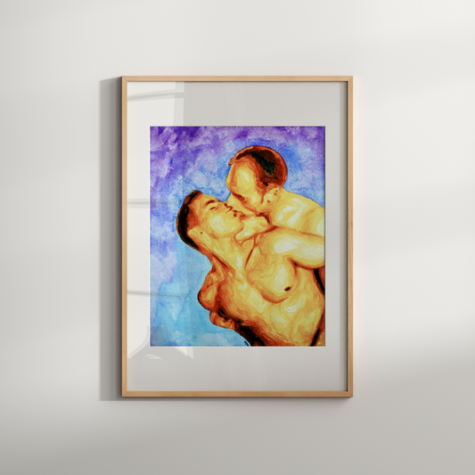 Watercolor painting of two shirtless men lovingly embracing under a clear blue sky. A romantic LGBTQ+ artwork by Zak Pop Art.
