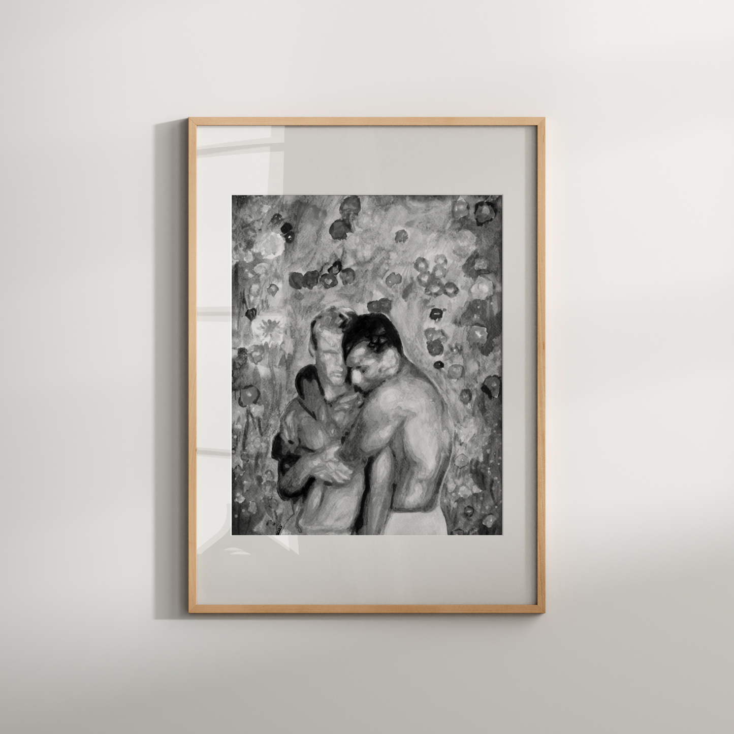 Black and white watercolor art of a gay couple embracing affectionately in front of a flower-filled garden. A minimalist, emotional tribute to same-sex love and LGBTQ+ identity.