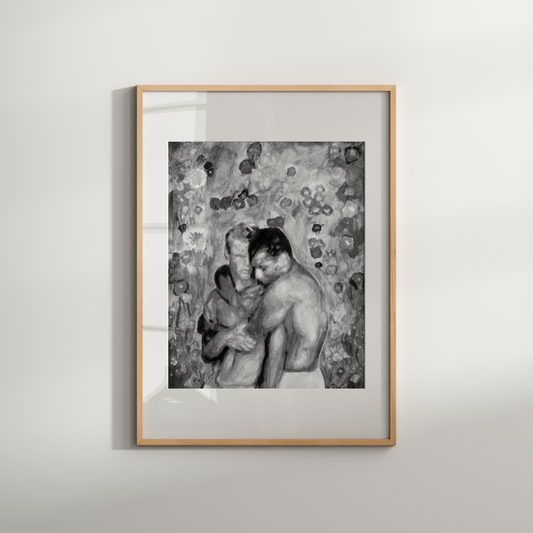 Black and white watercolor art of a gay couple embracing affectionately in front of a flower-filled garden. A minimalist, emotional tribute to same-sex love and LGBTQ+ identity.