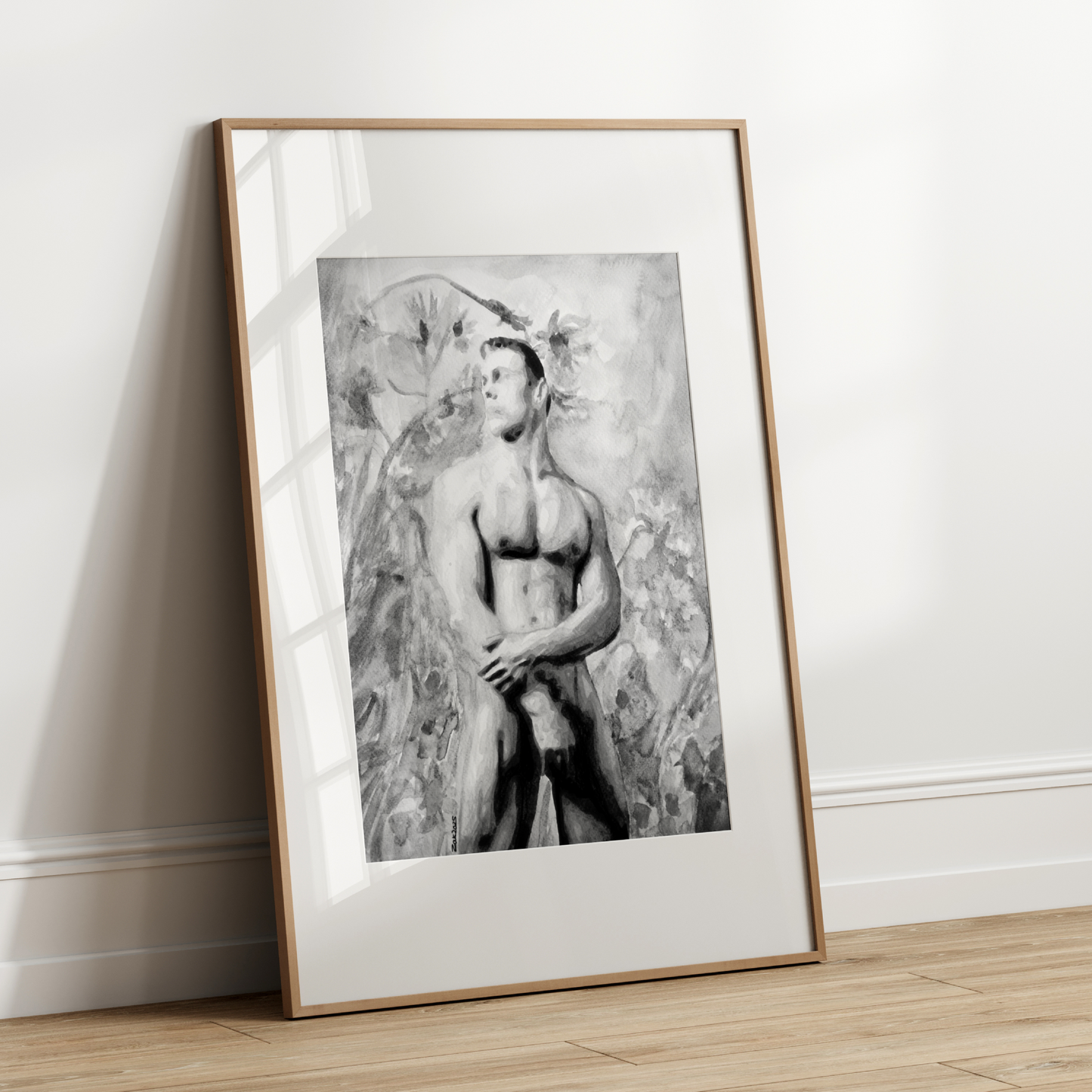 Black and white watercolor painting of a nude muscular male viewed from a low angle, expressing bold queer identity and masculine beauty by Zak Pop Art.