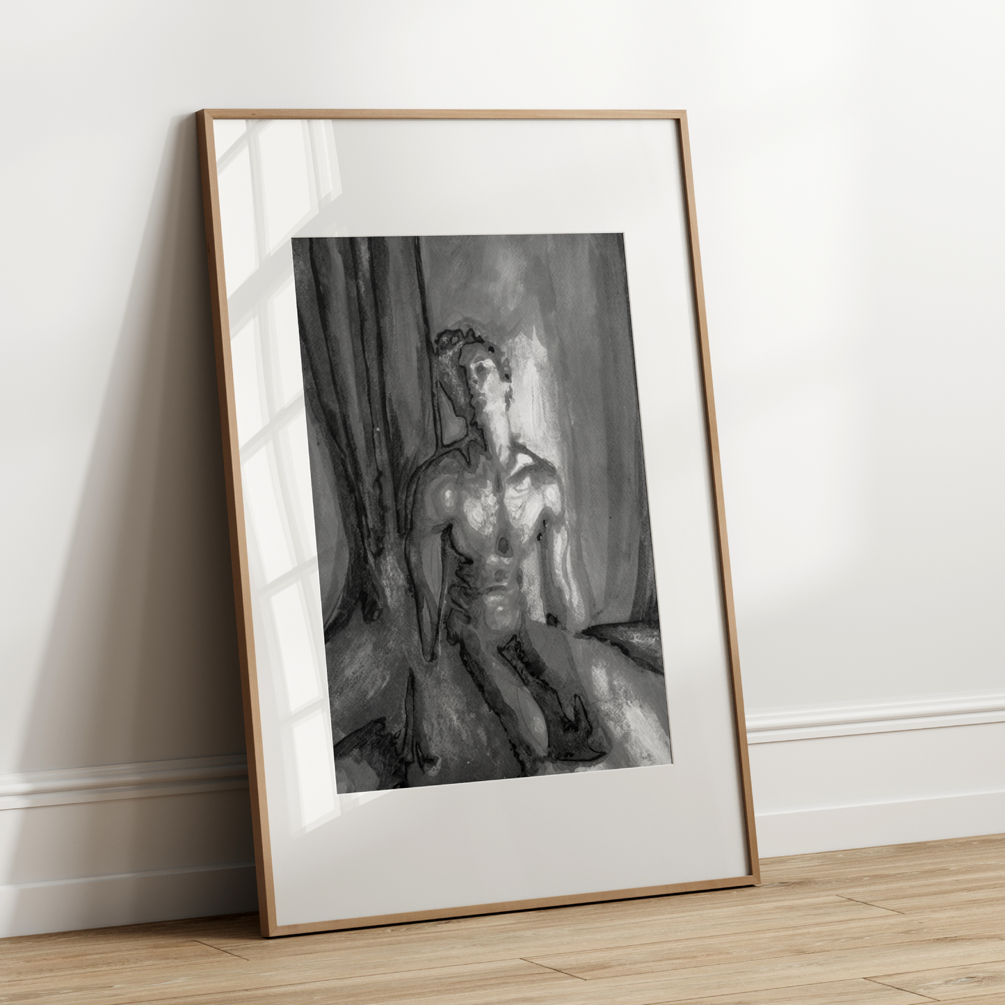 Black and white watercolor painting of a beautiful nude man kneeling, rendered with elegant contrasts and delicate shading, expressing queer grace and strength. Original Zak Pop Art.