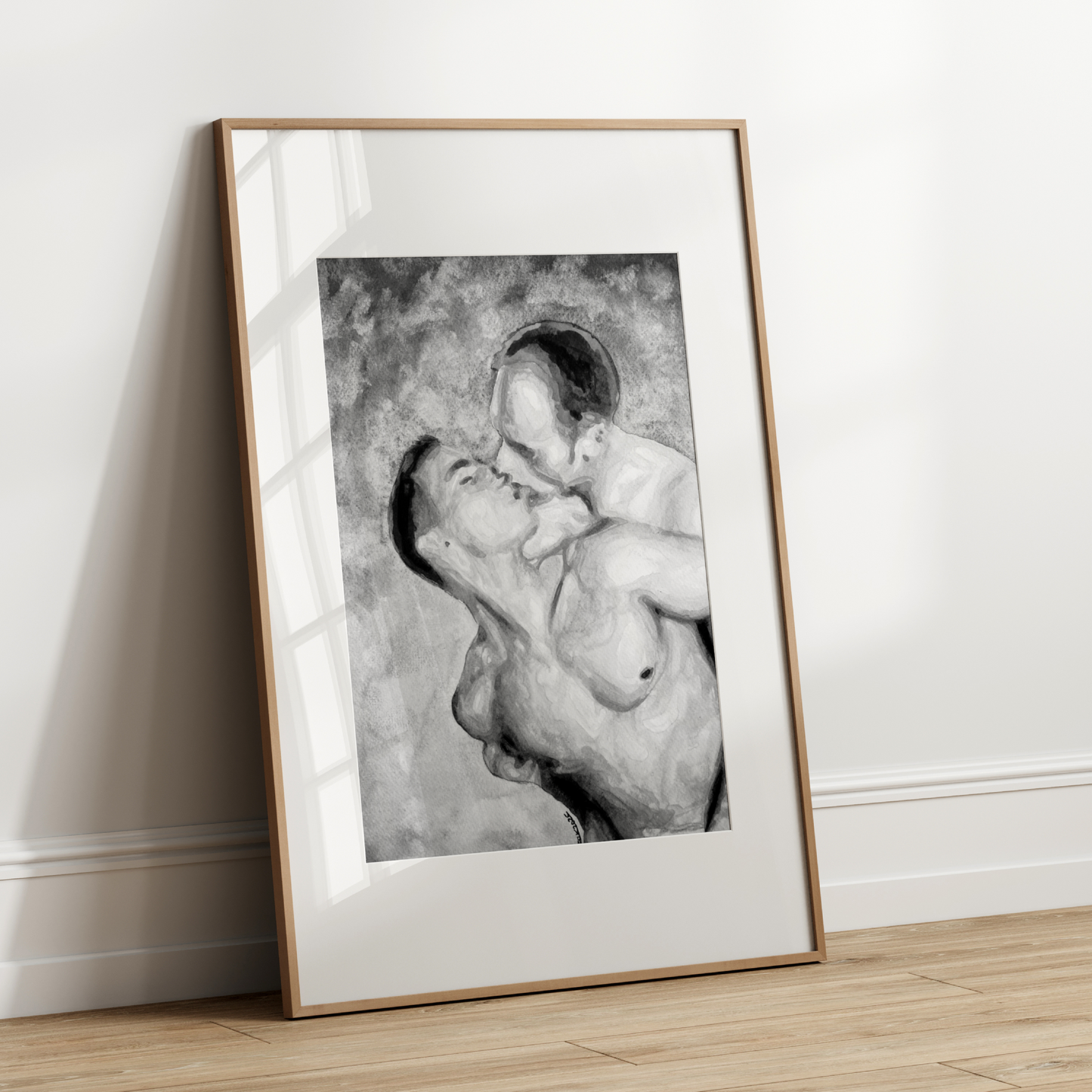 Black and white watercolor print of two shirtless men embracing under a vast grey sky. LGBTQ+ love art by Zak Pop Art.