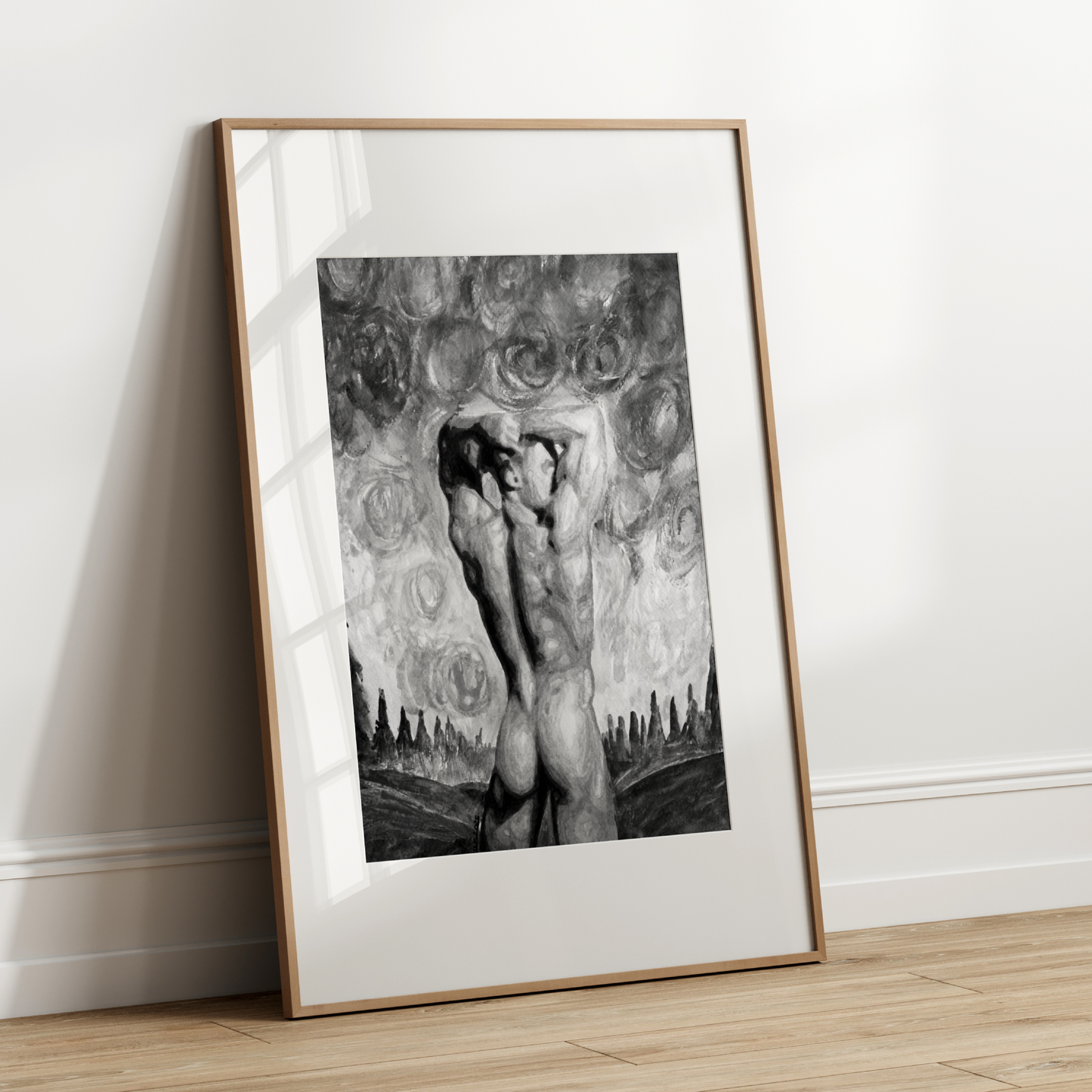 Black and white queer art print of a nude man from behind looking at a hill under a Van Gogh-style sky in Zak Pop Art’s style.