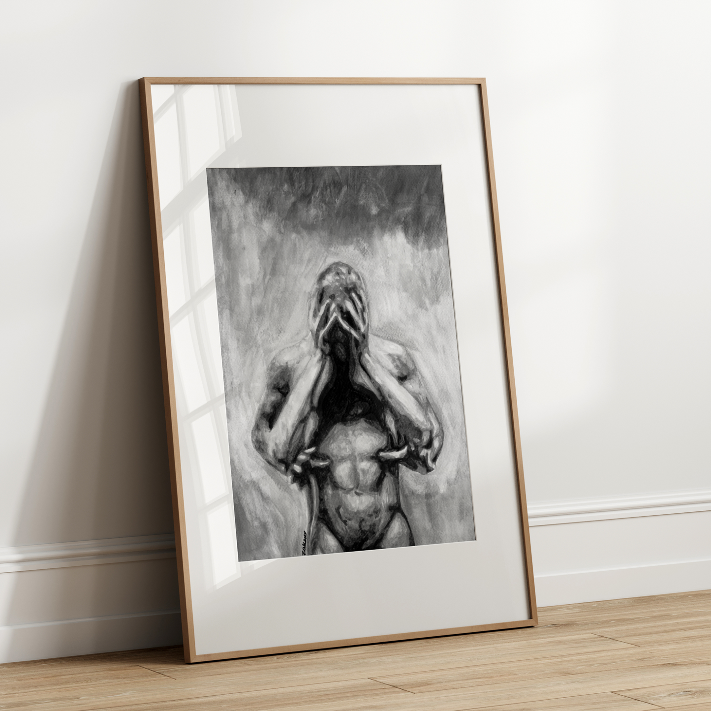 Black and white watercolor of a muscular man holding his head in distress, embraced gently by another man from behind.