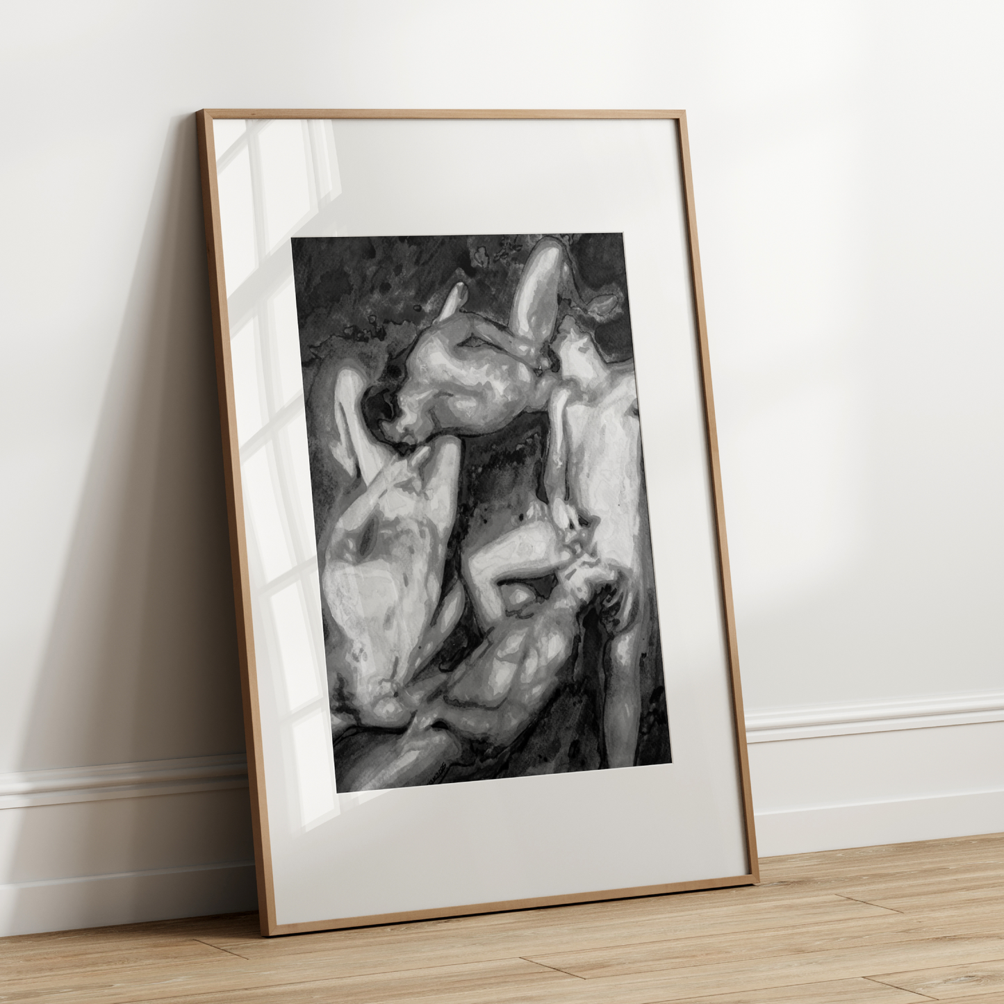 Black and white watercolor print of four nude queer figures in a circular arrangement, exploring intimacy and form through expressive grayscale brushwork. Zak Pop Art.