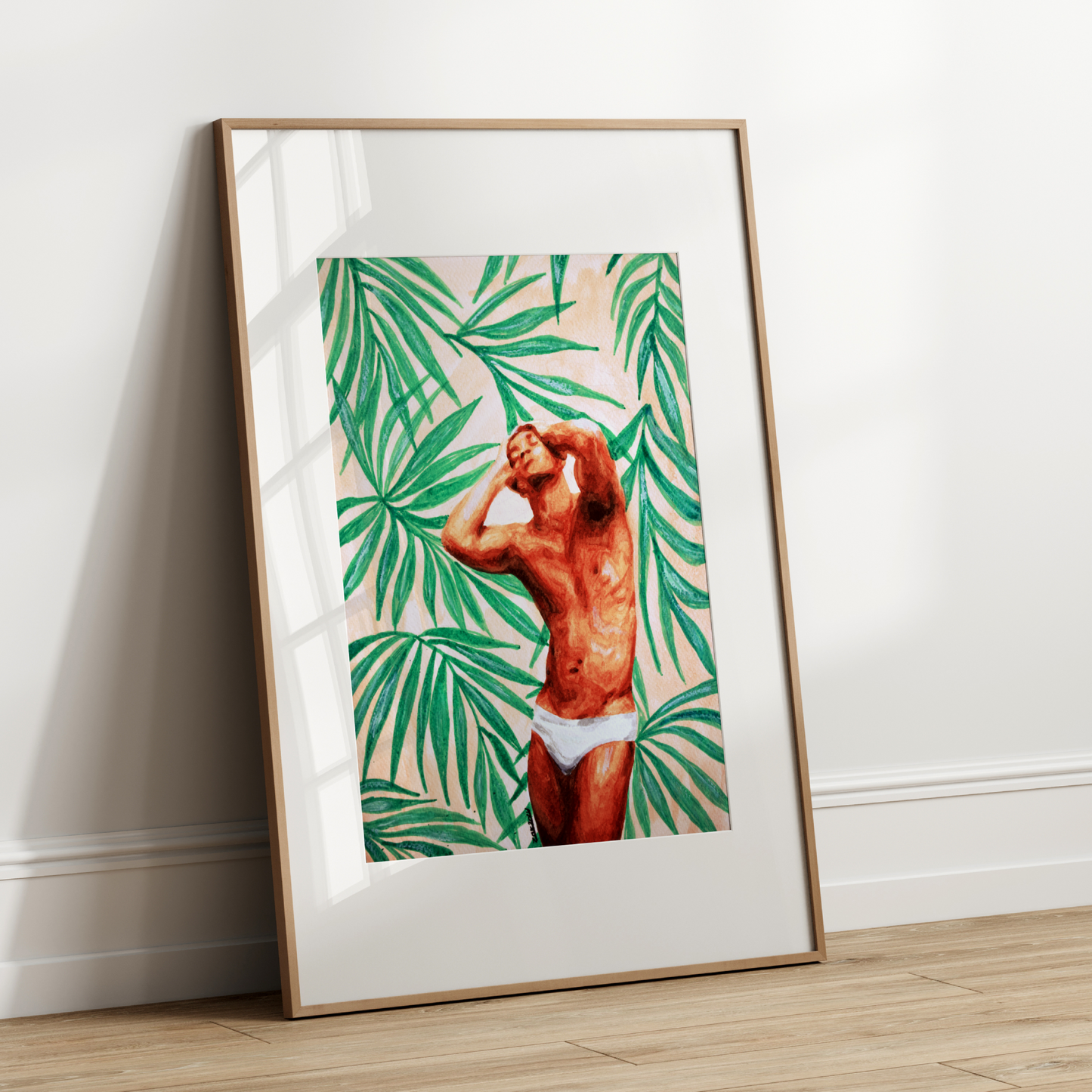 Watercolor painting of a muscular man wearing underwear, posed confidently against a backdrop of tropical palm leaves in soft pink tones, reflecting vibrant Miami style and queer pride. Original Zak Pop Art.
