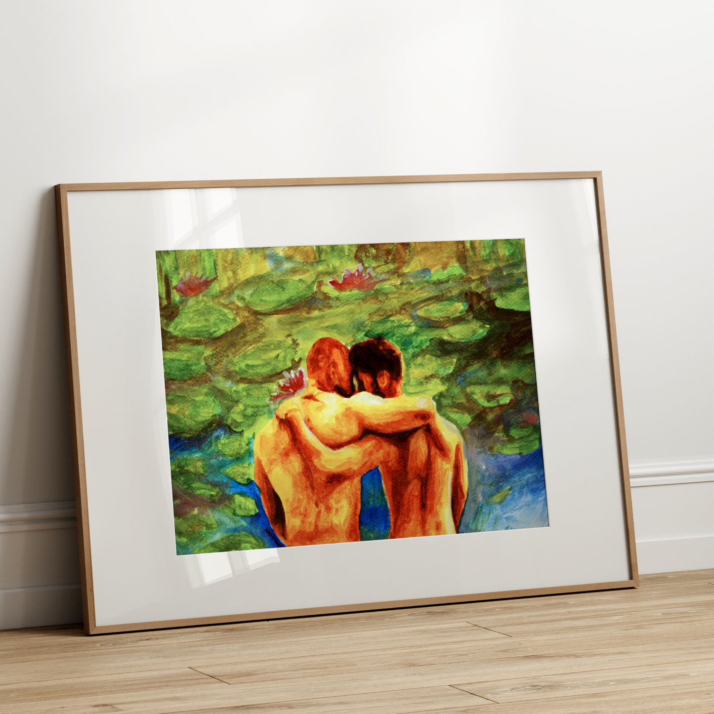 Watercolor painting of two men sitting from behind, arms around each other, looking at a Monet-style landscape with trees, water, and soft light.
