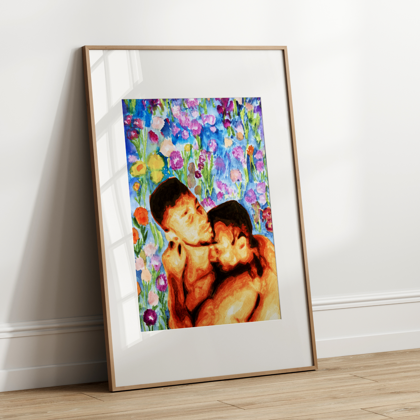 Watercolor painting of two gay men embracing nude from the waist up, in a soft romantic hug. Behind them is floral wallpaper in gold and rose tones, symbolizing elegance and queer intimacy.