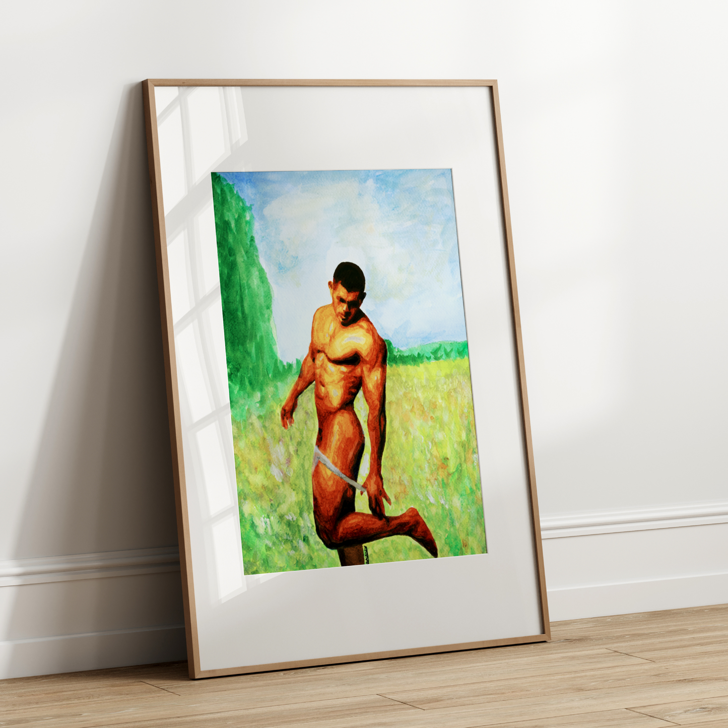 Watercolor of a nude man lifting one leg to remove underwear in a green field, painted in an impressionist style inspired by Monet.