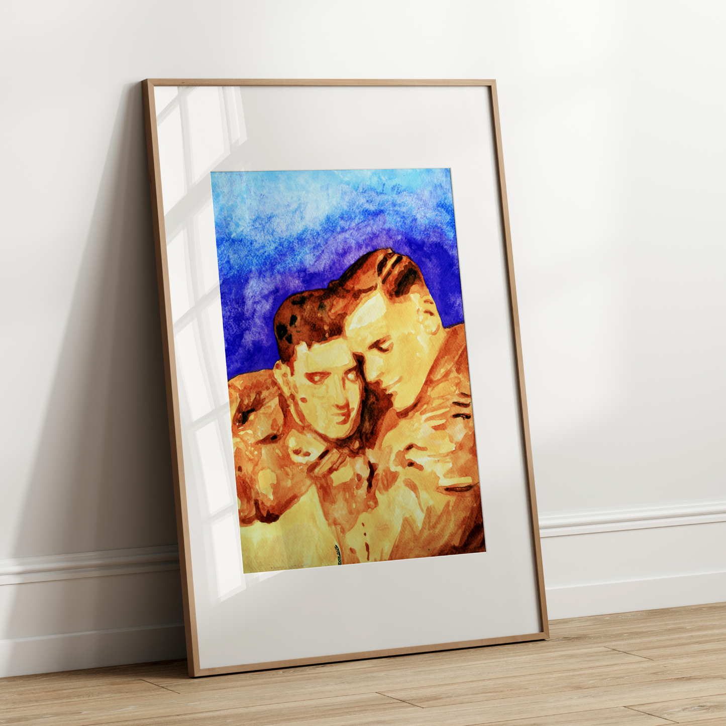 Watercolor painting of two WWI soldiers embracing tenderly, dressed in vintage military uniforms. A romantic and emotional tribute to hidden queer history.