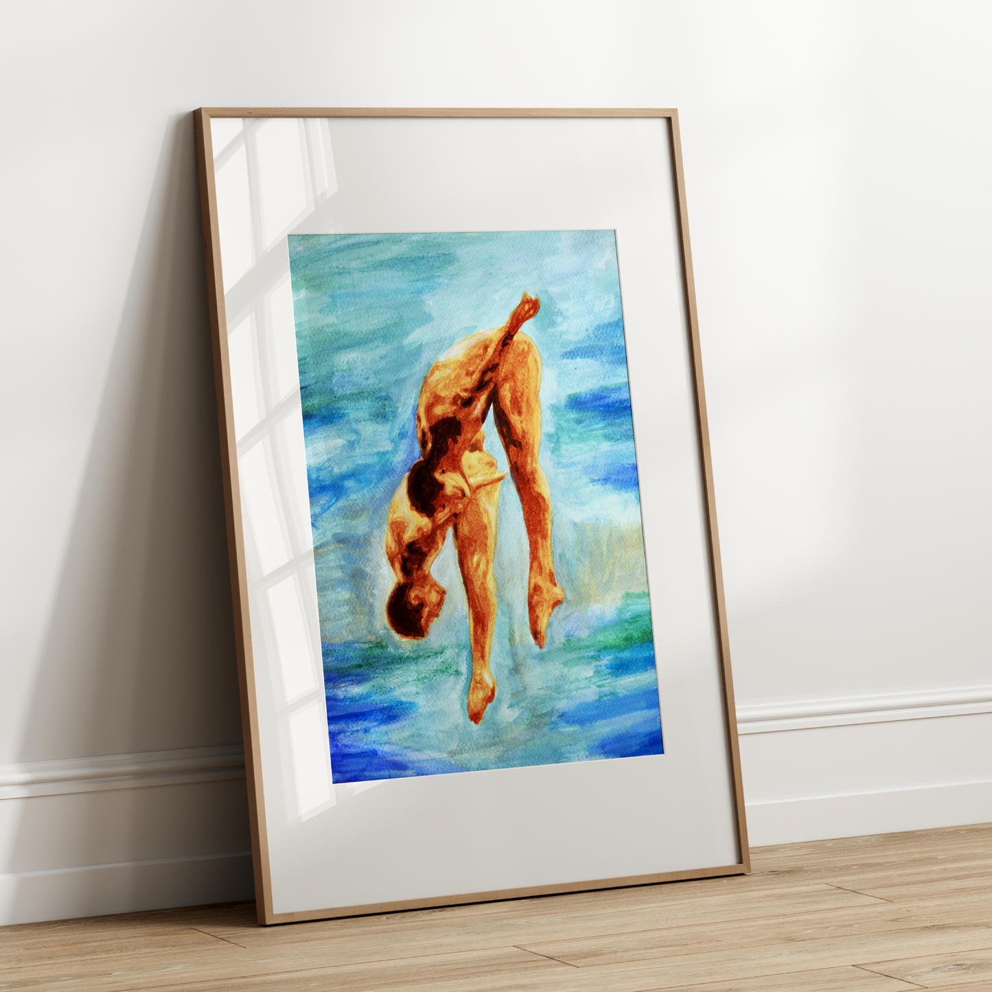 Watercolor of two nude men jumping into a blue pool, with bright colors and expressive movement, capturing joy and intimacy.