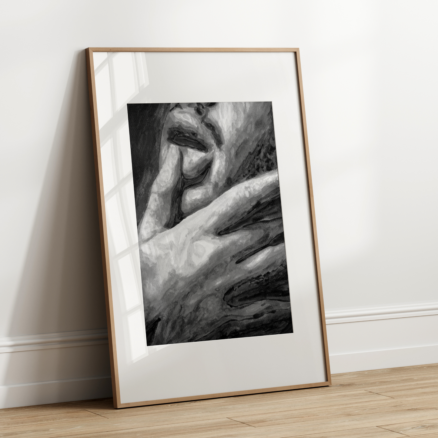 Black and white watercolor portrait of a queer man in side profile, touching his lips with his finger in a soft, expressive gesture.