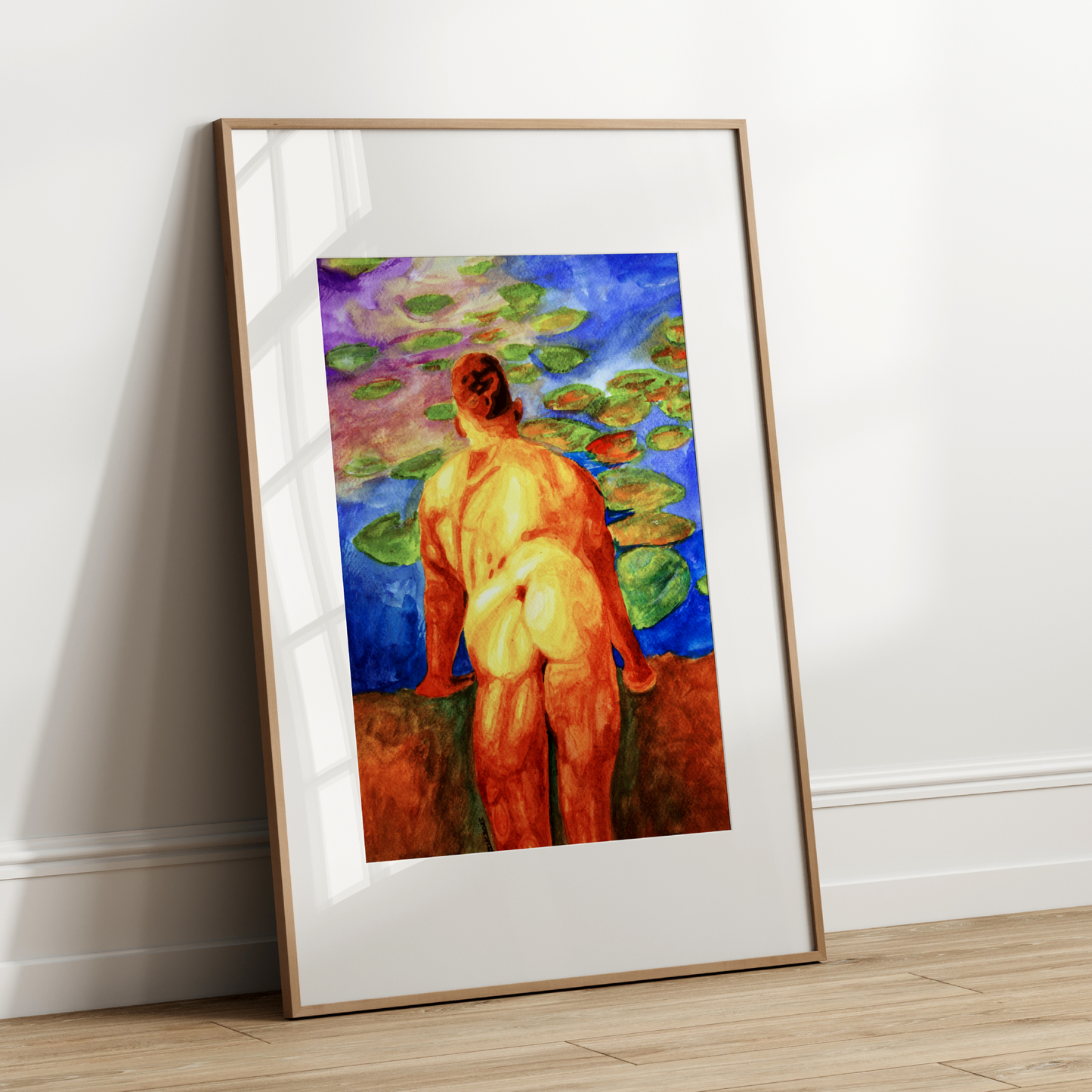 Framed painting of a nude figure standing in water lilies on a white wall.