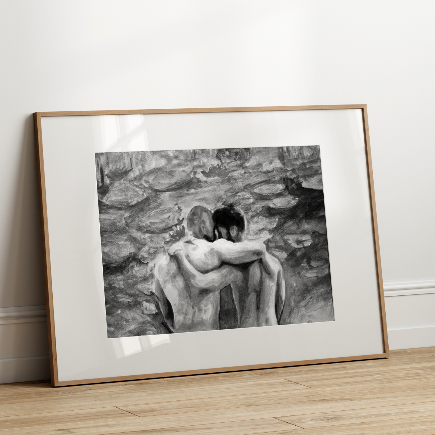Black and white watercolor painting of two men from behind with arms around each other, looking at a soft landscape inspired by Monet.