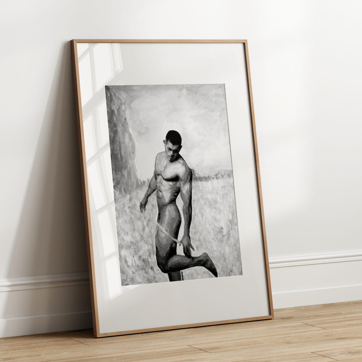 Black and white watercolor of a nude man lifting one leg to undress in a calm field, expressing movement, grace, and queer presence.