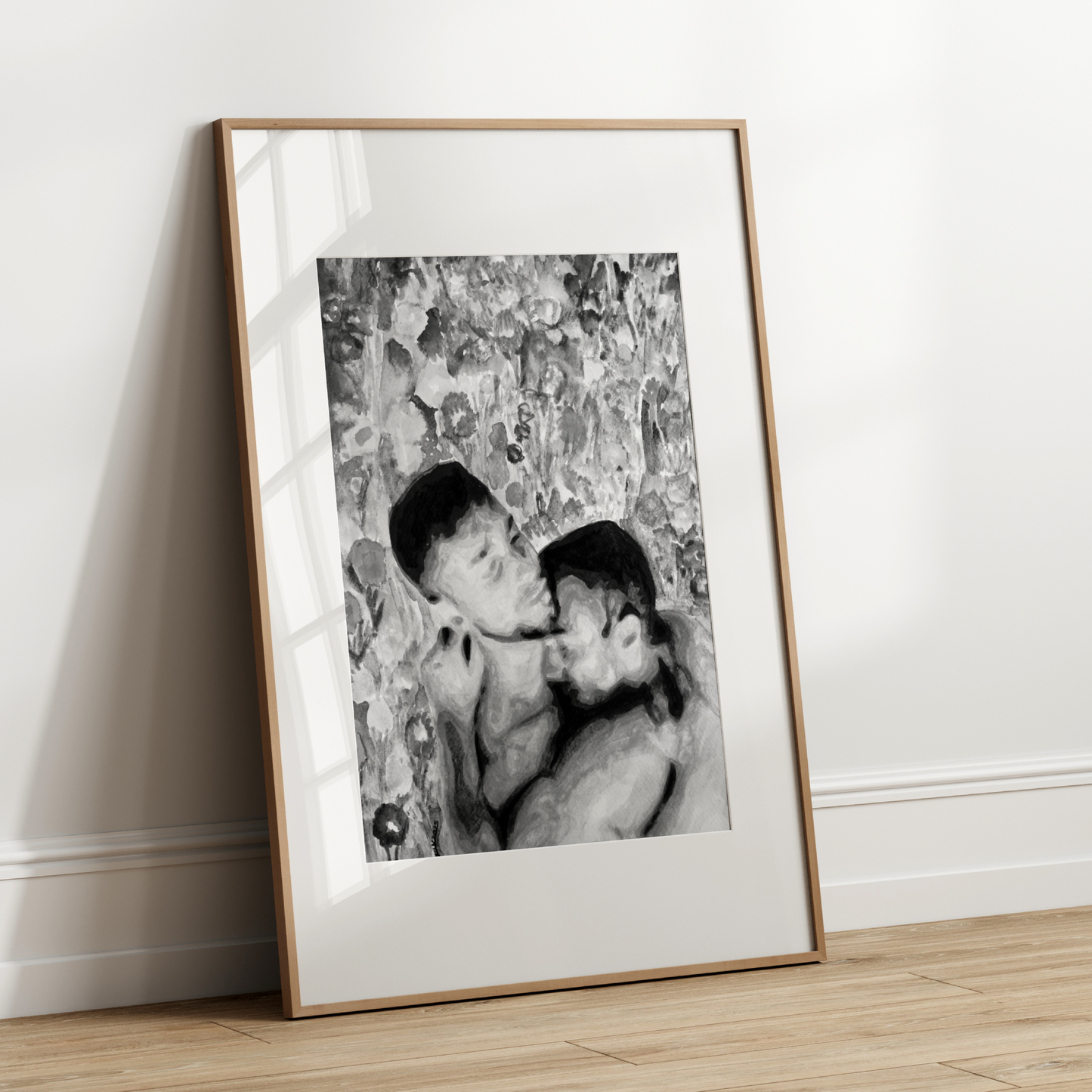 Black and white watercolor painting of two nude gay men embracing tenderly, shown from the waist up. Behind them is vintage floral wallpaper in grayscale, symbolizing queer intimacy and timeless elegance.