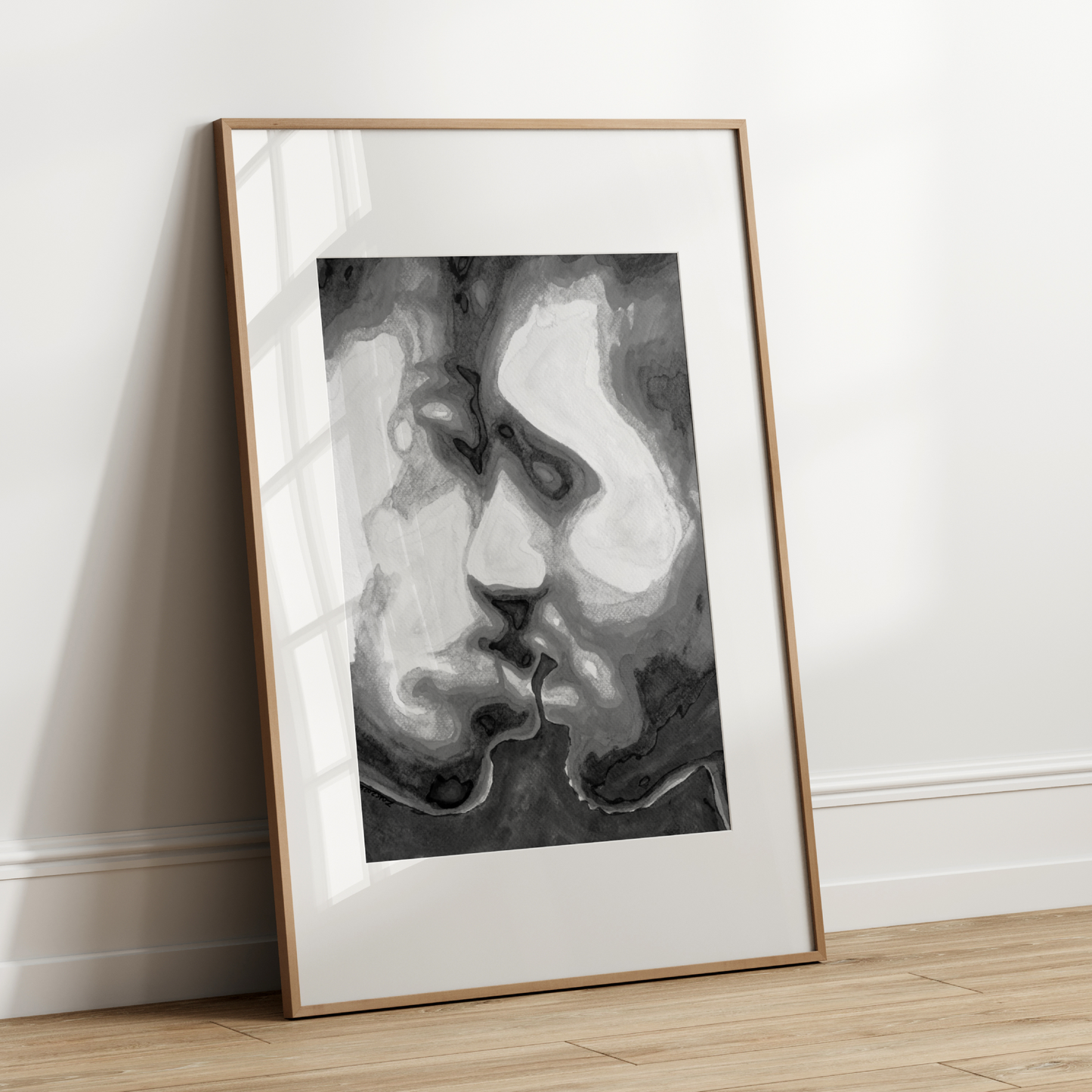 Black and white watercolor of a muscular gay couple kissing