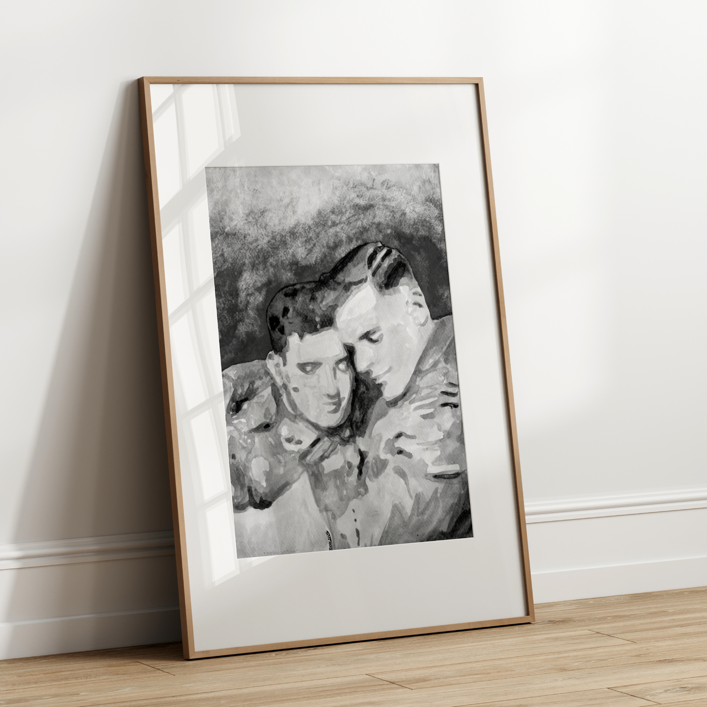 Black and white painting of two WWI soldiers in uniform sharing a tender, secret embrace. A grayscale tribute to queer love in wartime by Zak Pop Art.
