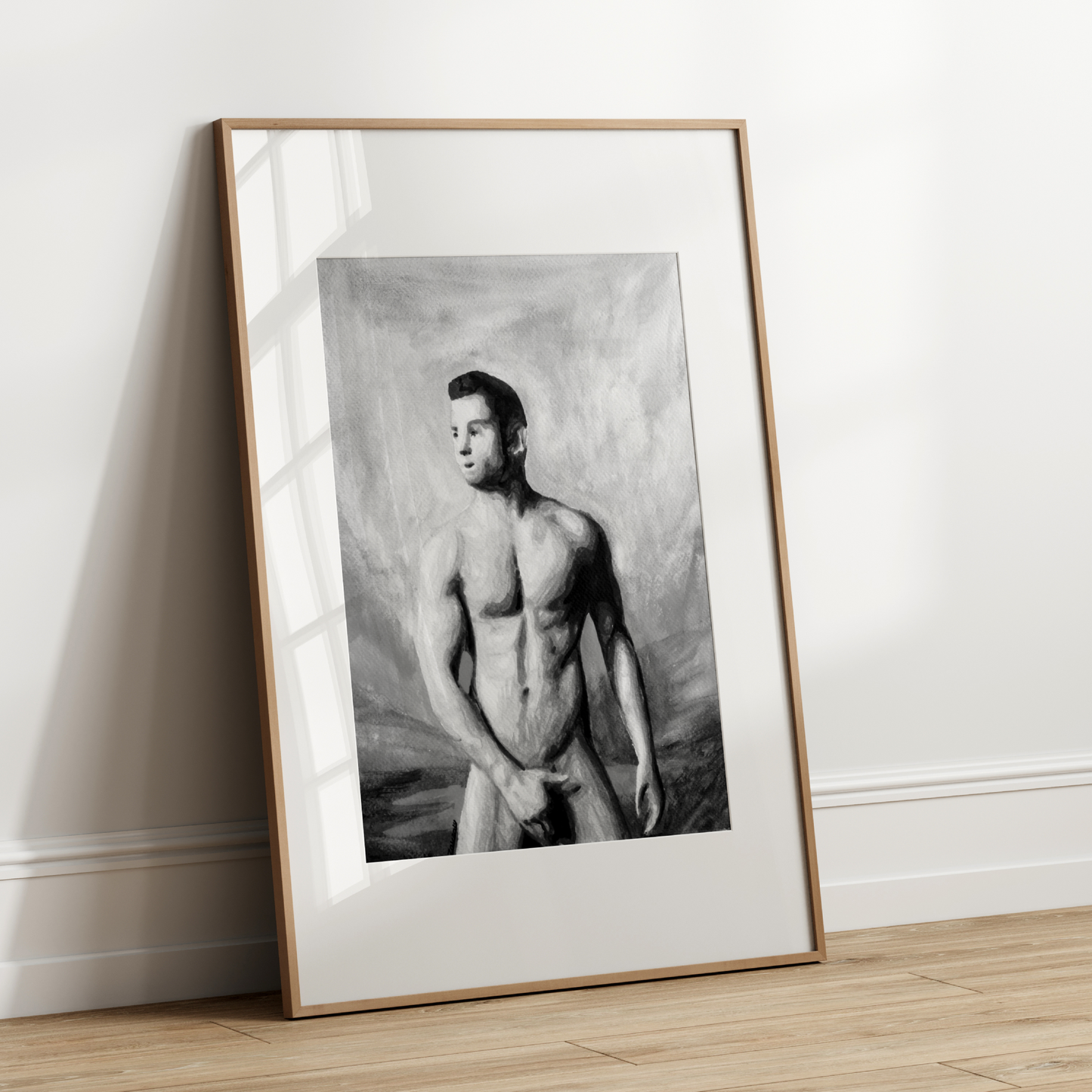 Black and white watercolor painting of a muscular nude man covering himself with his hands, standing beneath a moody sky, symbolizing queer strength, modesty, and emotional presence. Original Zak Pop Art.