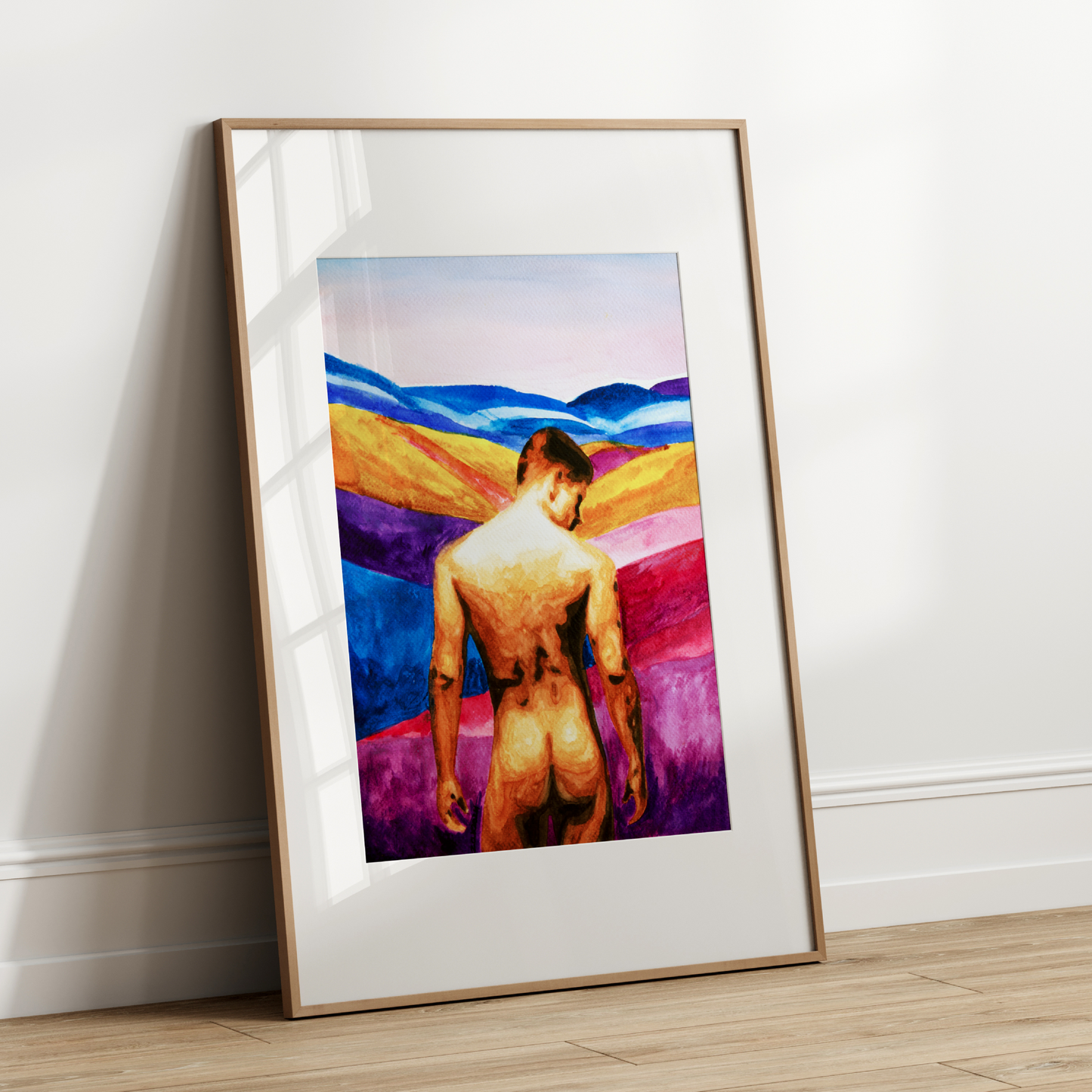 Print of a nude man seen from behind, showing his bare back and buttocks, gazing toward distant, imaginary colorful hills. Minimalist yet expressive LGBTQ+ art print.