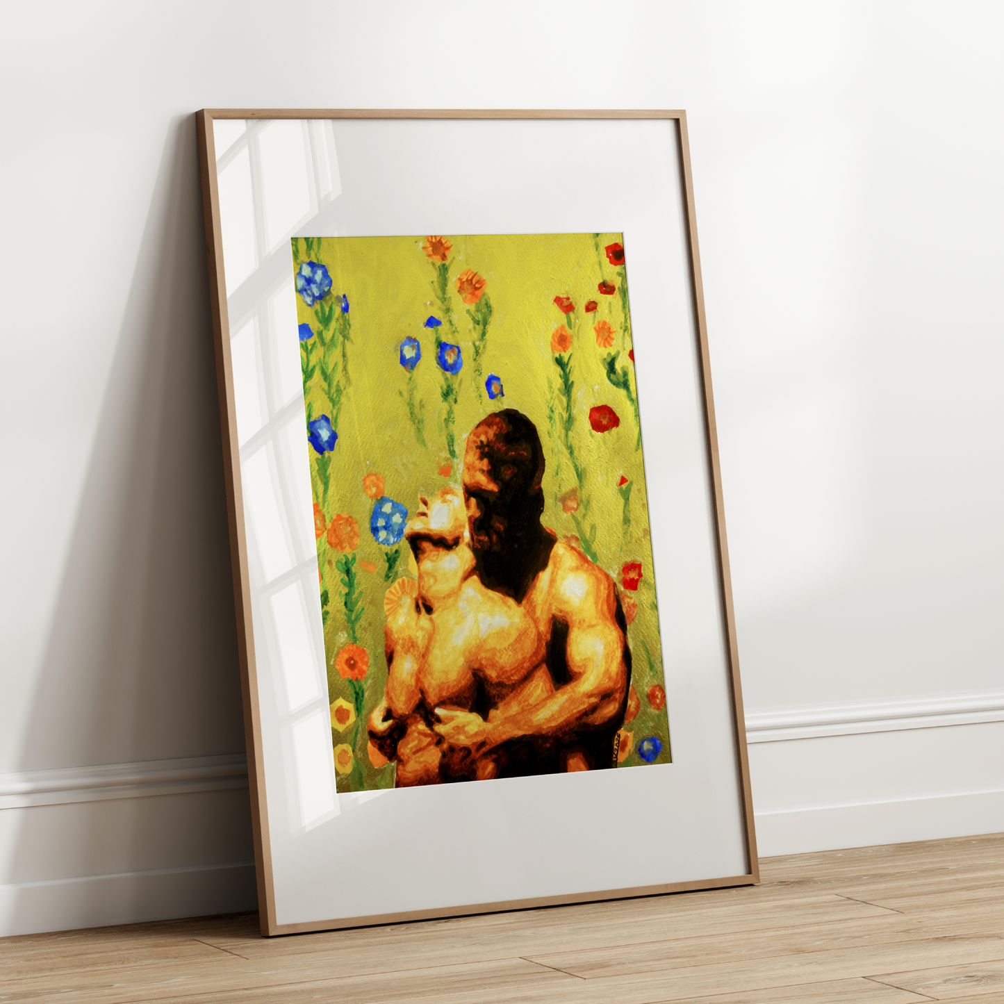 Watercolor painting of a gay couple: one man hugs his partner from behind and kisses his neck. The artwork is painted in warm beige and gold tones with a colorful floral background resembling a vintage shower curtain, symbolizing queer love and home intimacy.