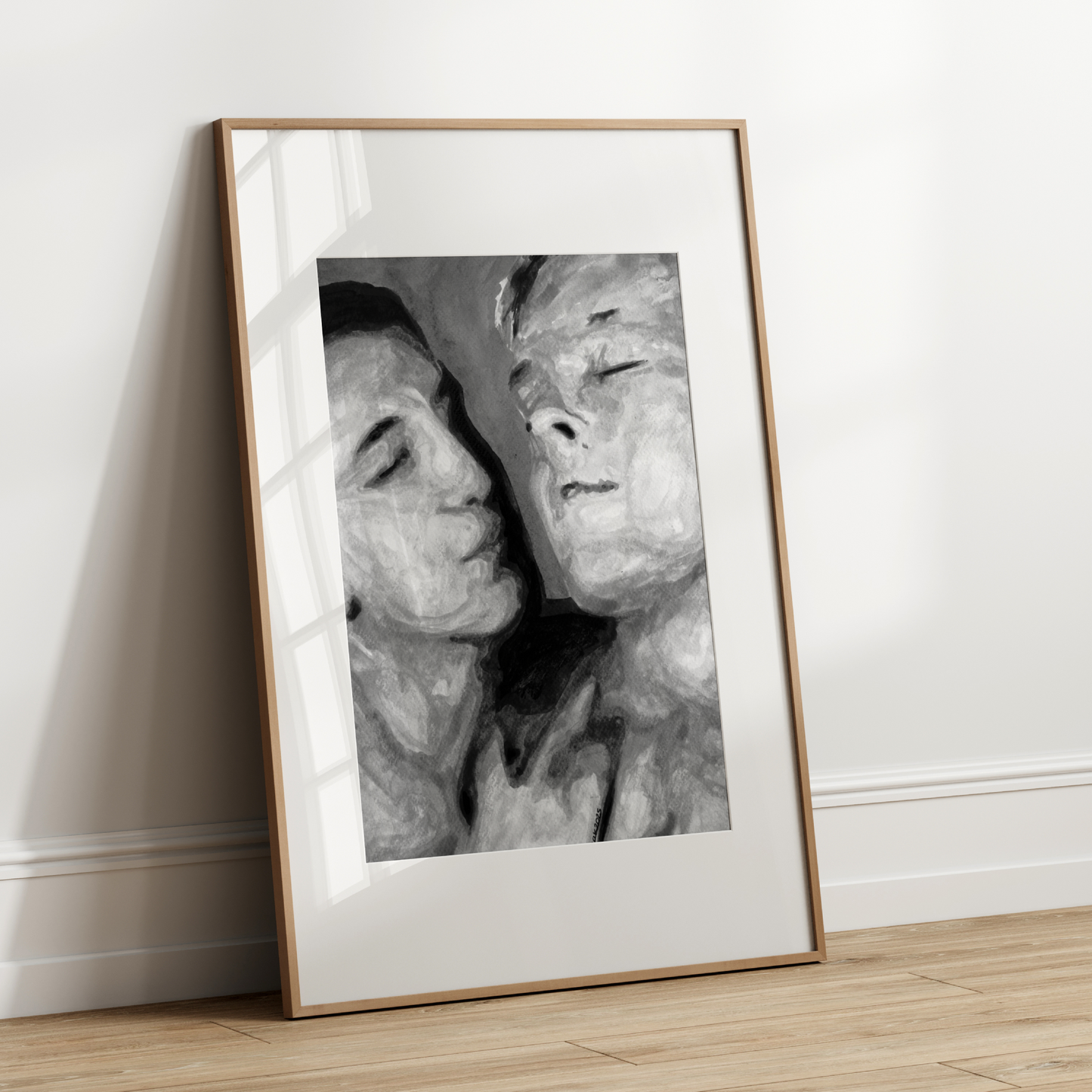 Black and white watercolor painting of a gay couple, one gazing softly at the other, in a gentle romantic moment.