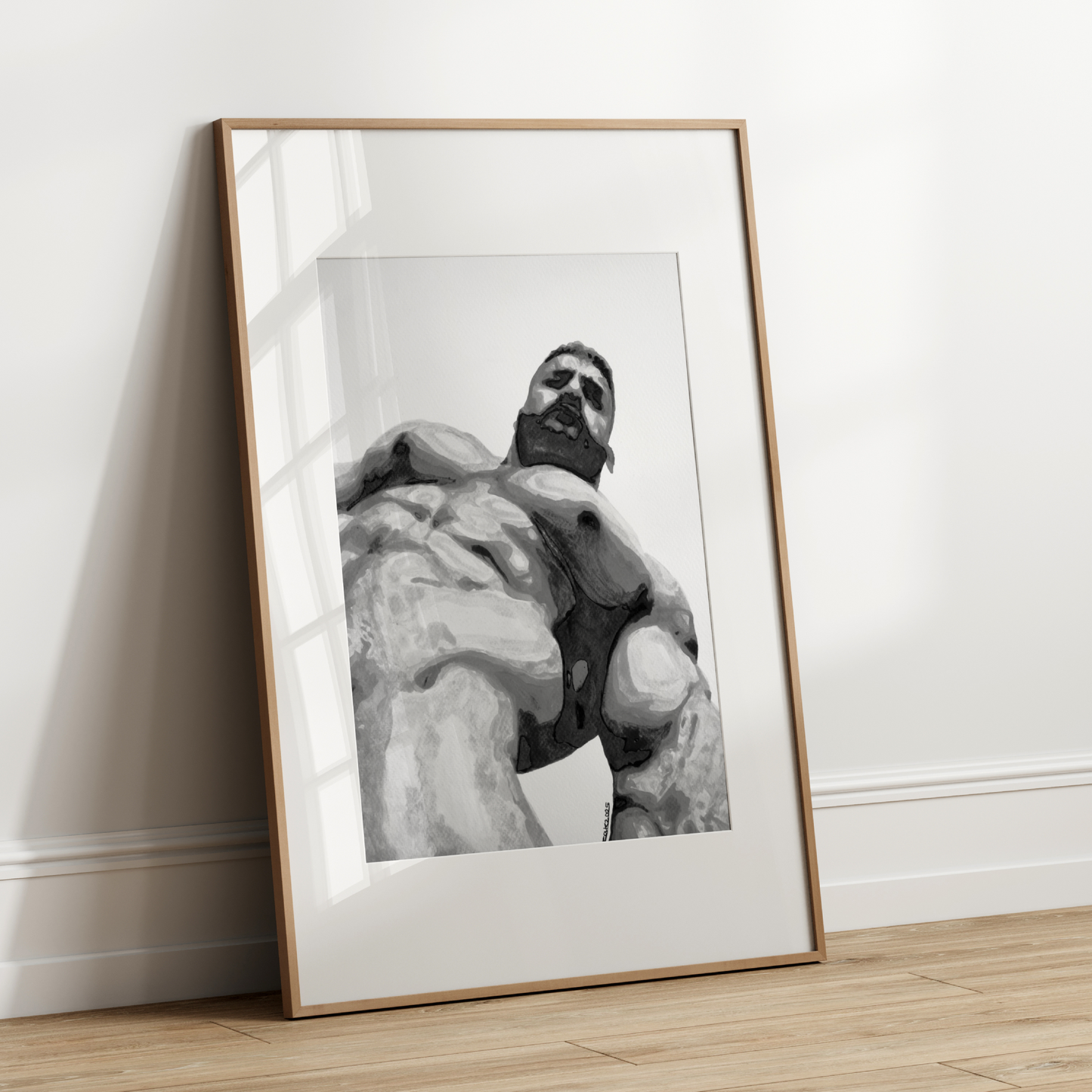 Black and white erotic watercolor art print of a muscular nude male, created by Zak Pop Art. Bold queer artwork highlighting form and sensuality in a minimalist style.