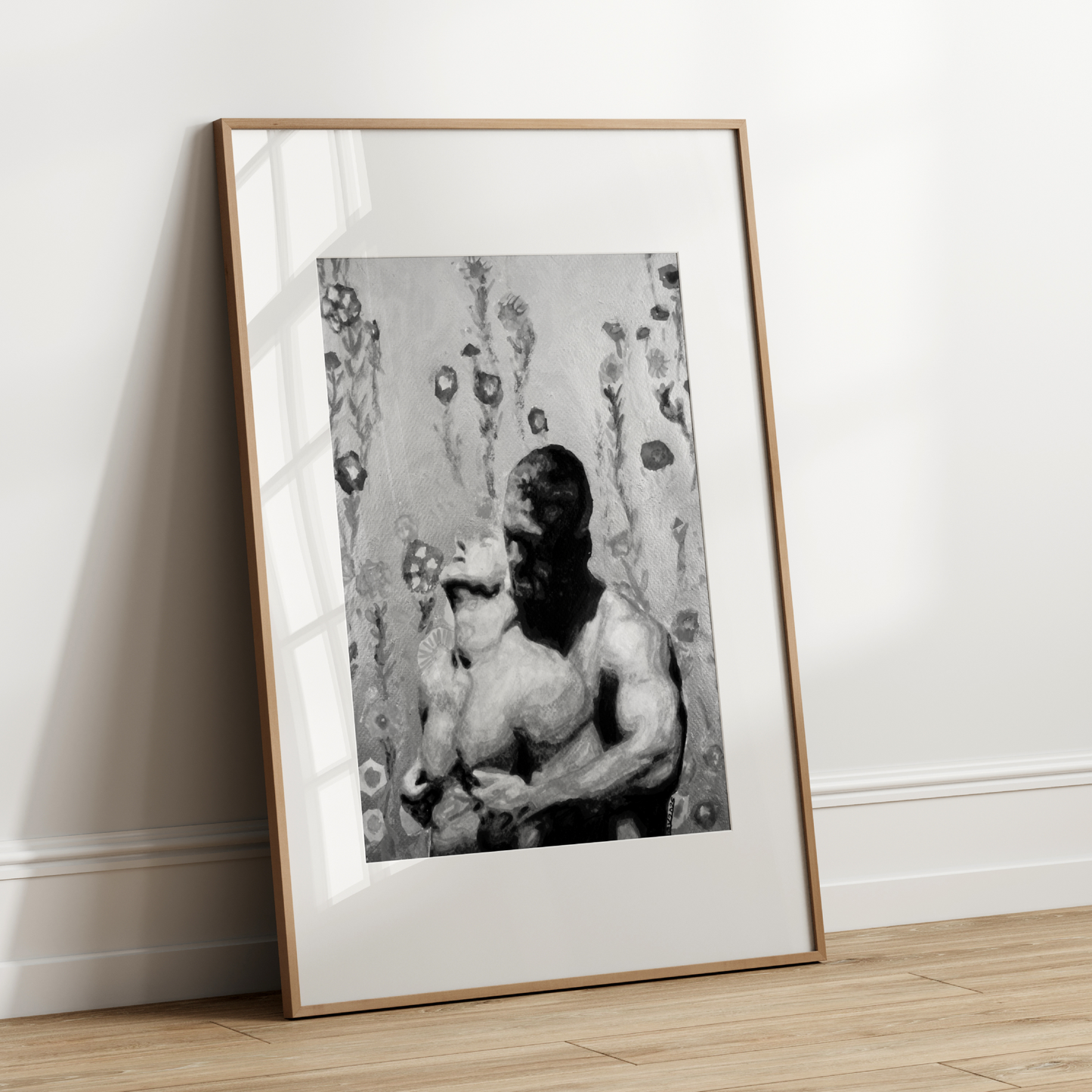 Black and white watercolor of a gay man hugging and kissing his partner's neck from behind. The background shows a grayscale floral pattern inspired by classic shower curtains, creating a sense of quiet domestic queer intimacy.