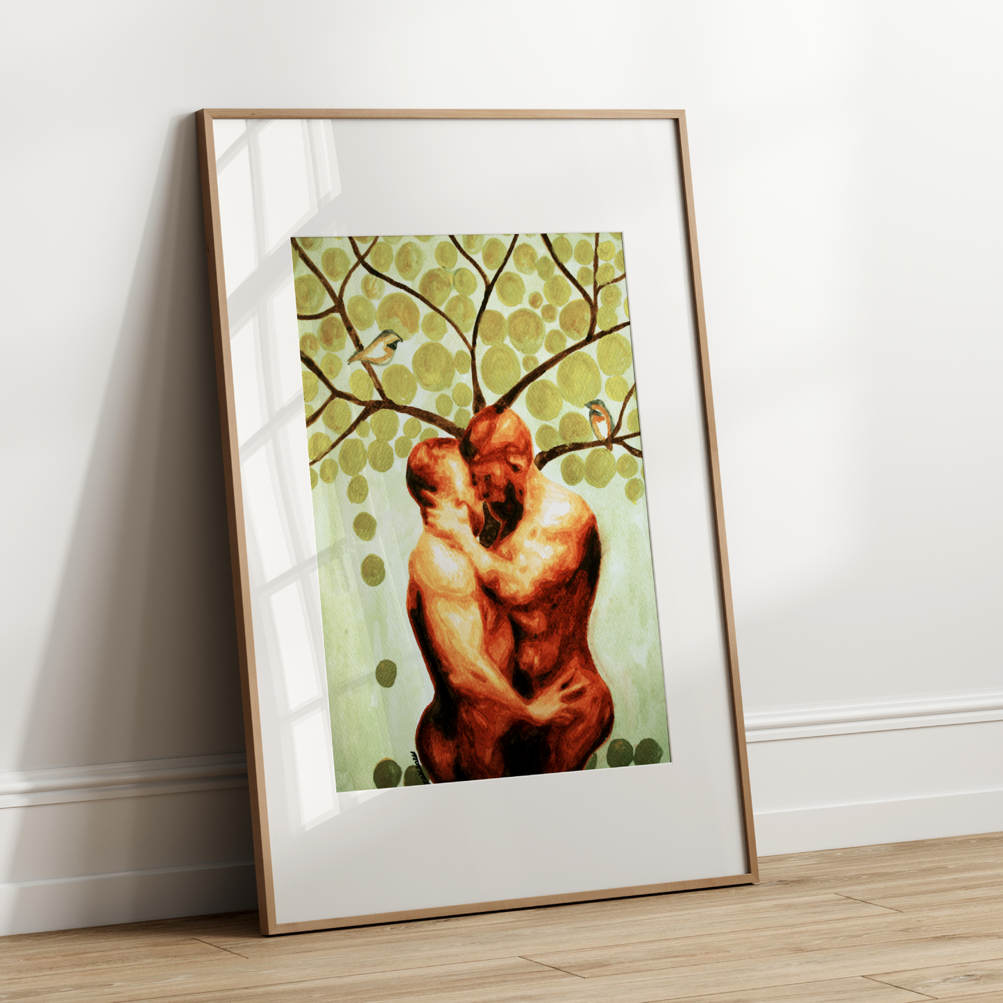 Watercolor painting of two nude men embracing under a tree with golden leaves and two birds, symbolizing queer love, peace, and connection in nature. Original Zak Pop Art.