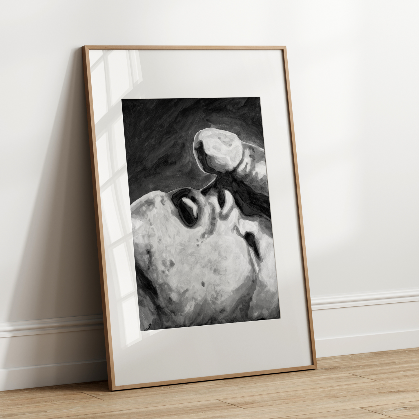 Black and white watercolor of two men, one gazing upward toward another’s body. A minimalist and sensual LGBTQ+ artwork by Zak Pop Art.