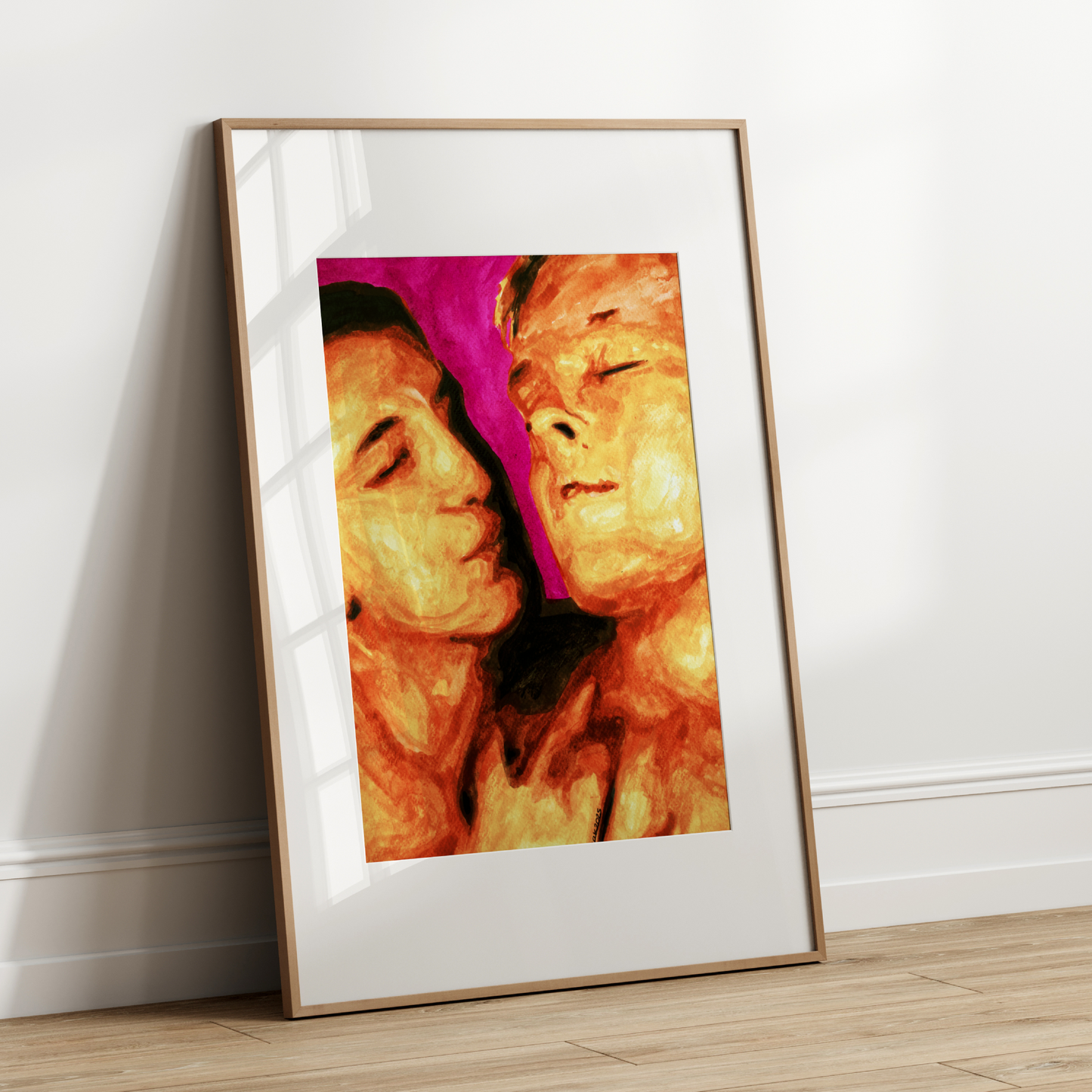 Watercolor painting of two gay men, one looking affectionately at the other, with warm skin tones and a soft pink floral background.