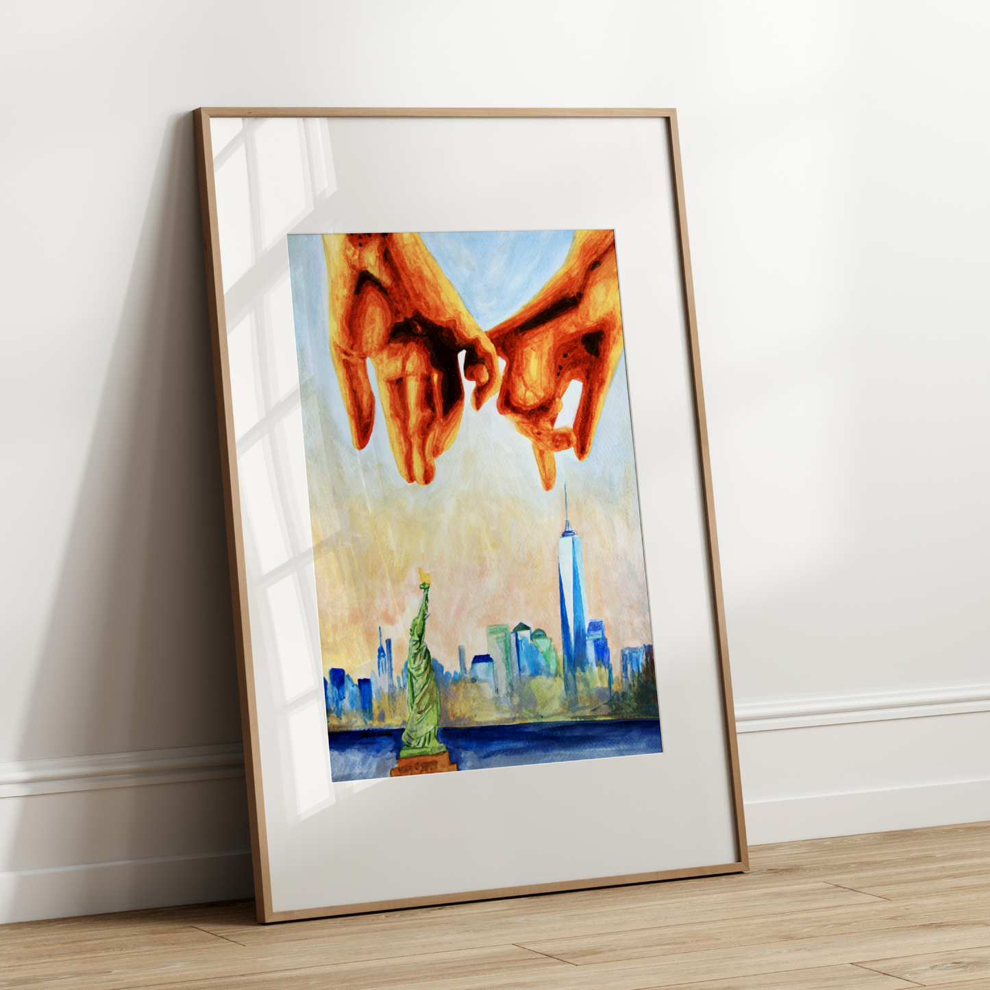 Watercolor painting of a gay couple making a pinky promise, with their hands interlocked in the foreground. Behind them, the New York City skyline and the Statue of Liberty appear under a soft pink sky. LGBTQ+ pride colors are subtly blended into the artwork, symbolizing queer love and freedom.