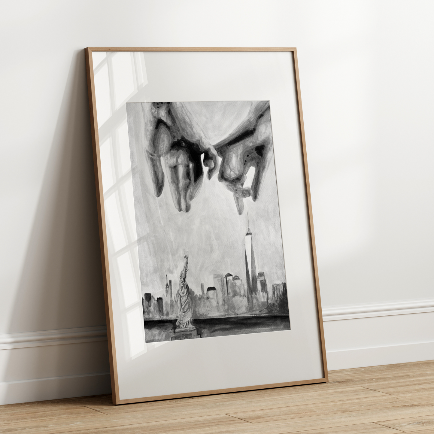 Black and white watercolor print of two gay men making a pinky promise with interlocked hands in the foreground. Behind them, the NYC skyline and Statue of Liberty are softly illustrated, symbolizing queer love and freedom.