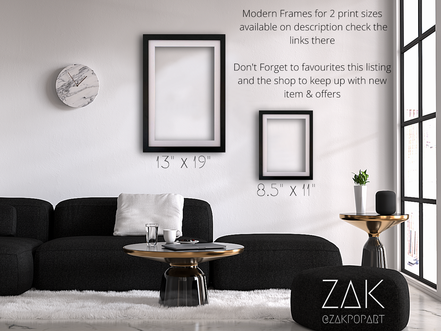 Modern living room with black frames on a white wall, featuring text about frame sizes and availability.