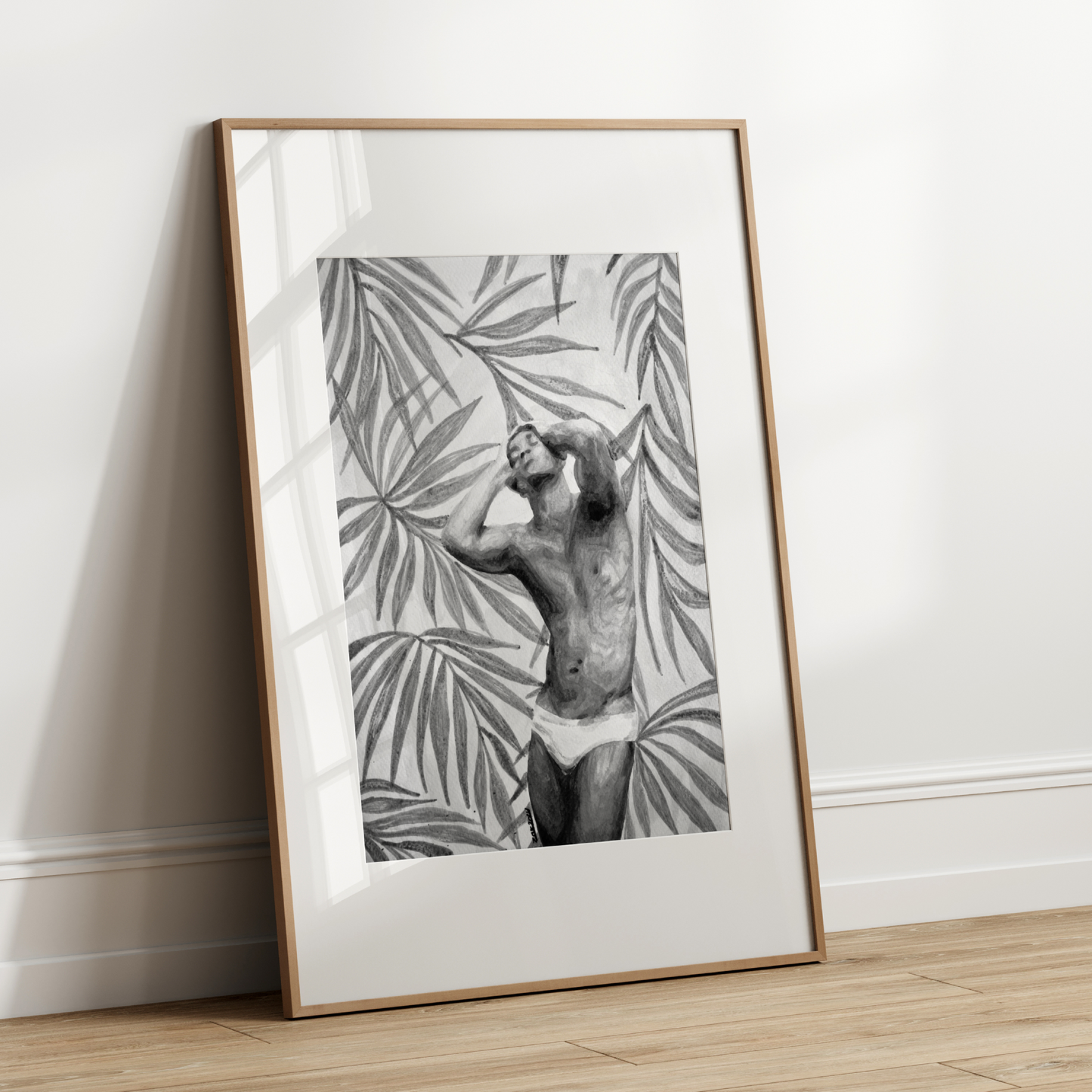 Black and white watercolor painting of a muscular man in underwear with tropical palm leaves background, showing bold Miami style and queer pride through strong contrasts and delicate shading. Original Zak Pop Art