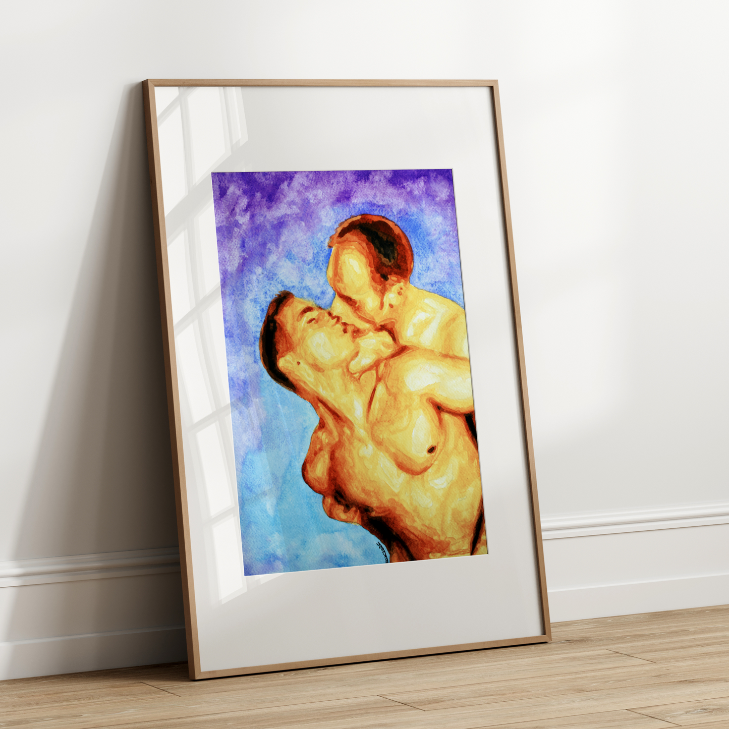 Watercolor painting of two shirtless men lovingly embracing under a clear blue sky. A romantic LGBTQ+ artwork by Zak Pop Art.