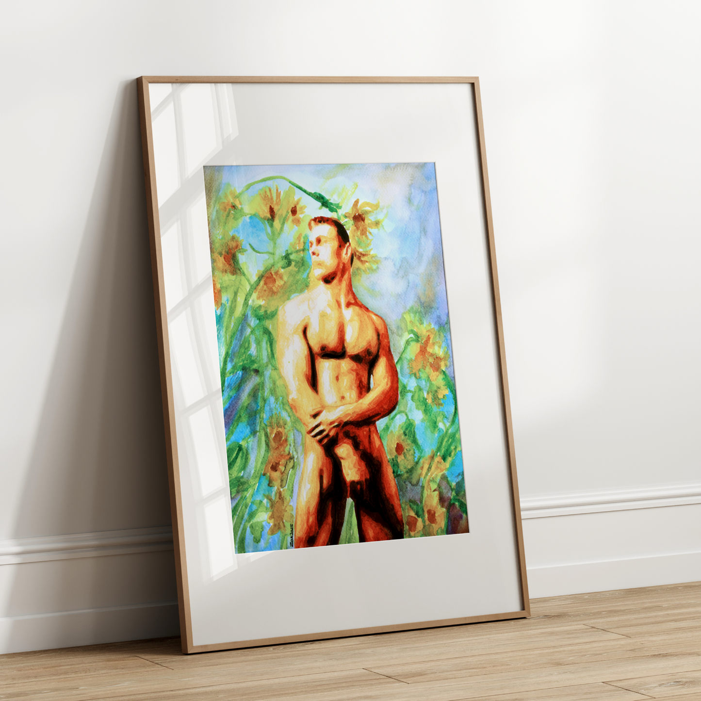 Muscular nude male looking sideways with sunflowers and dreamy sky background in soft watercolor, by Zak Pop Art.